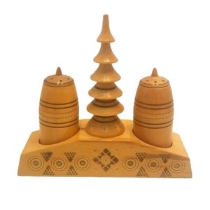 Vintage Hand Made Tree Barrel Wooden Carved Salt/Pepper Set - Cottagecore